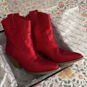 Red Rhinestone Pointed Toe Cowboy Cowgirl Western Ankle Booties Boot Block Heel